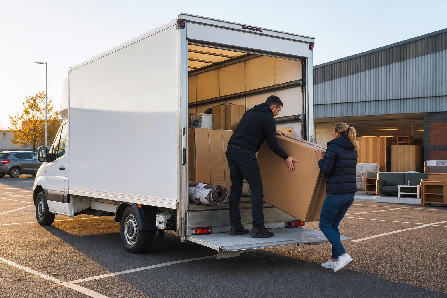 White Luton van being loaded with furniture in a retail pickup setting in Long Eaton