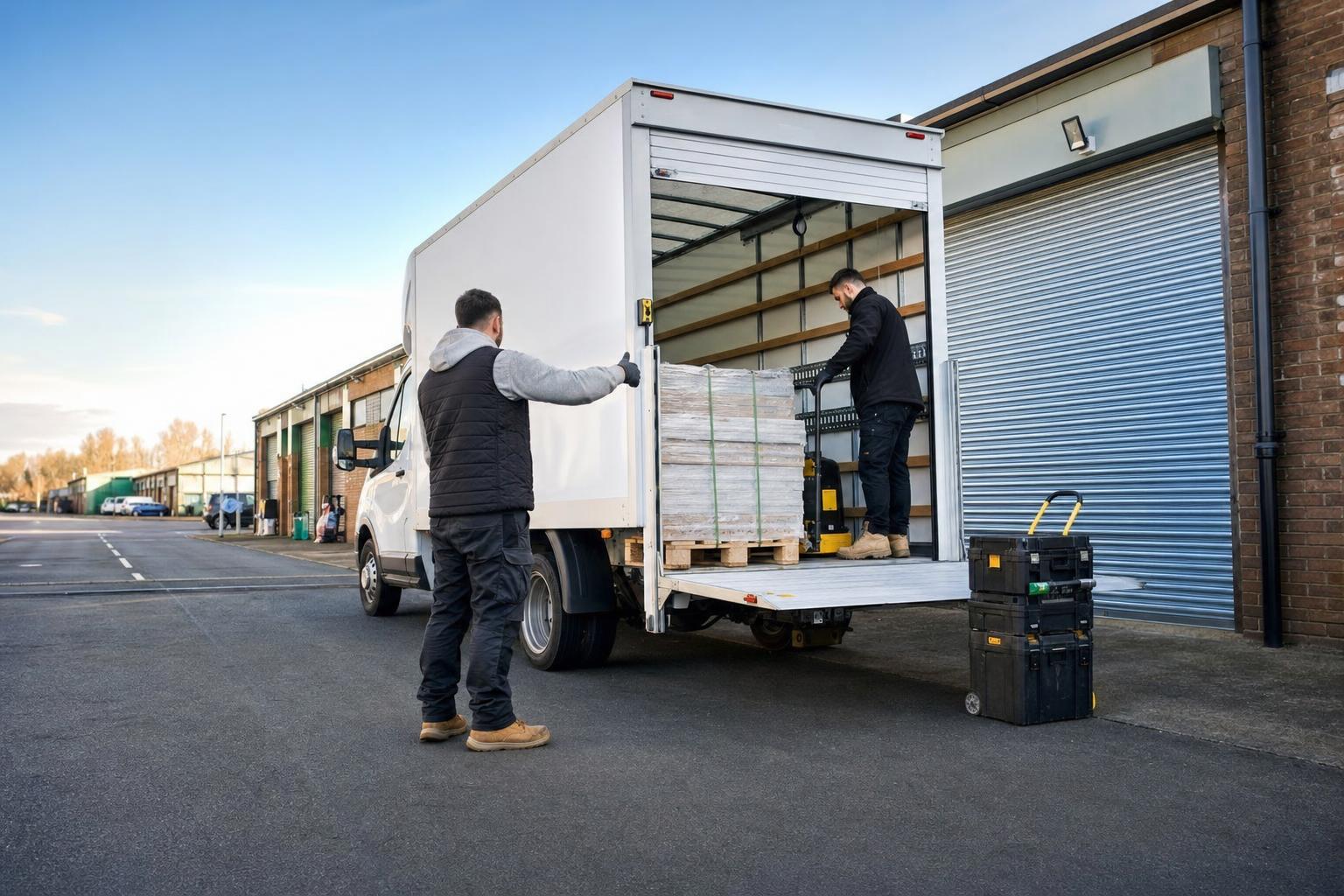 White Luton van being loaded with trade supplies on an industrial estate in Sutton-in-Ashfield
